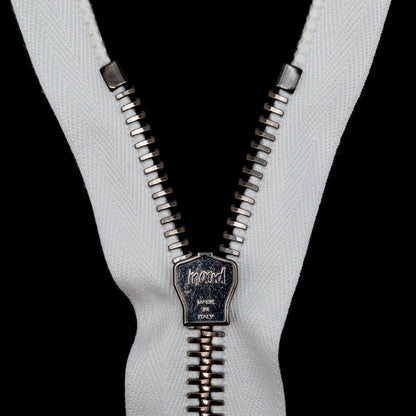 Mood Exclusive Italian White and Gunmetal T8 Closed End Metal Zipper - 9" Detail