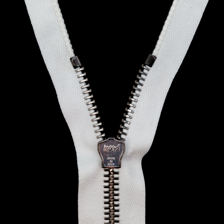 Mood Exclusive Italian White and Gunmetal T8 Open End Metal Zipper - 27.5" Detail