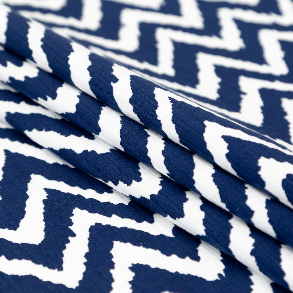 Milly Navy and White Zig Zag Printed Cotton Dobby Folded