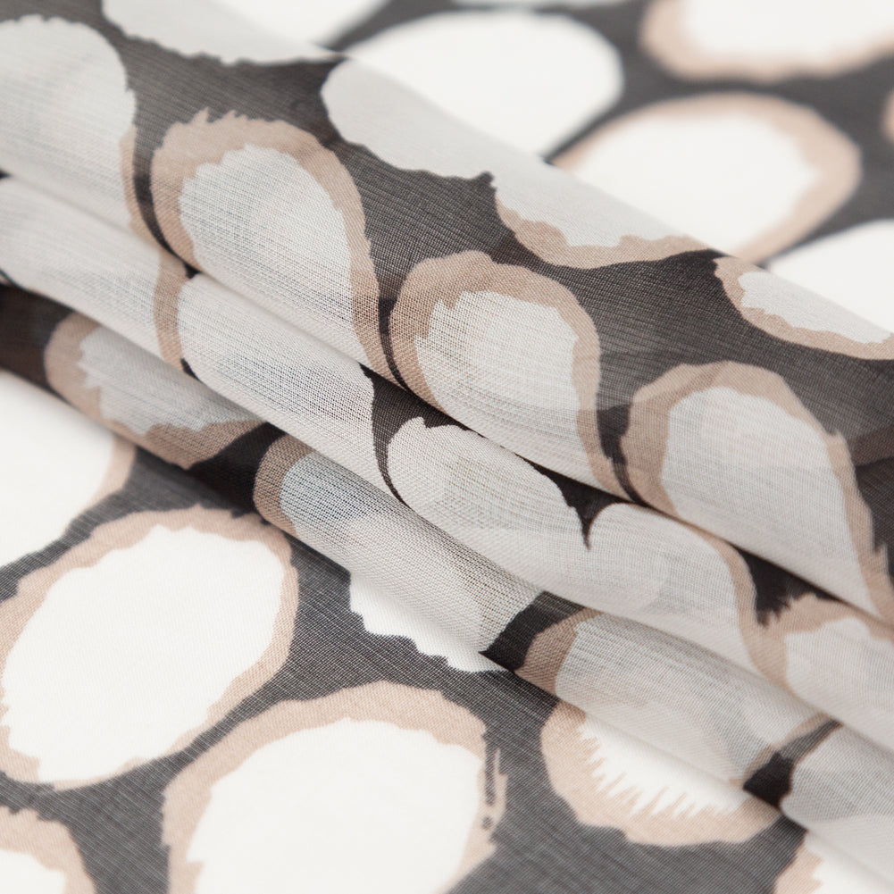 Black, Taupe and White Circles Silk Chiffon Folded