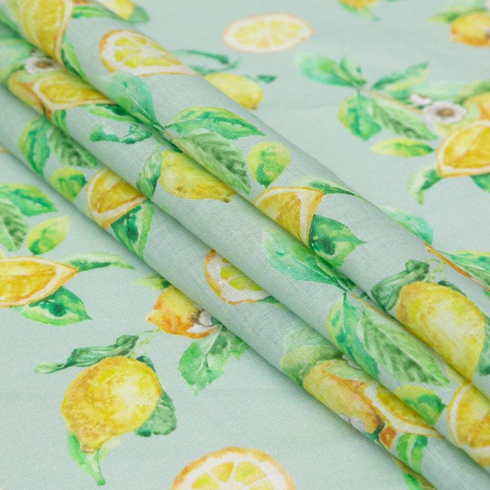 Lemons on Celadon Printed Linen Woven Folded