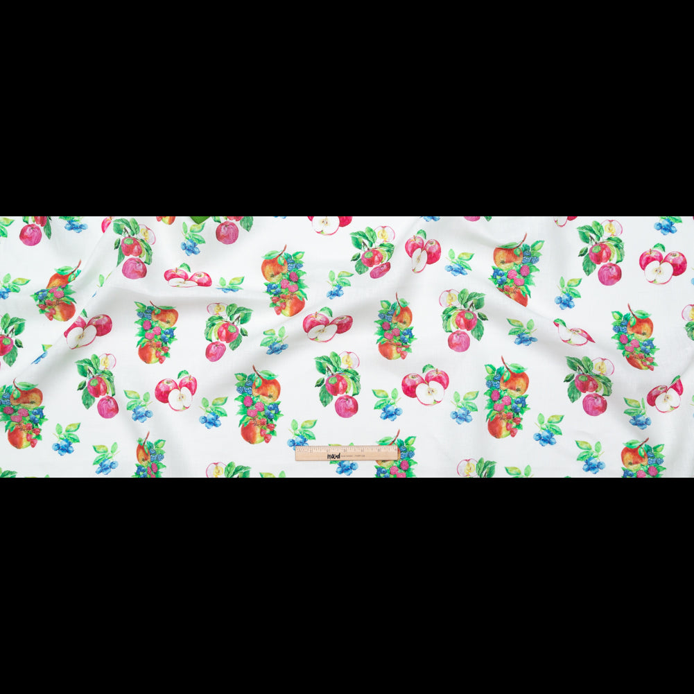 Blueberries and Apples Printed on an Ivory Linen Woven Folded