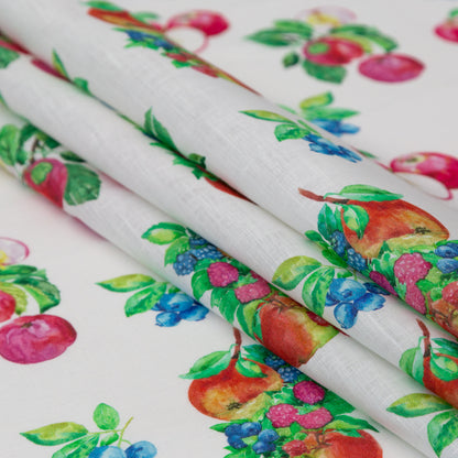 Blueberries and Apples Printed on an Ivory Linen Woven Detail