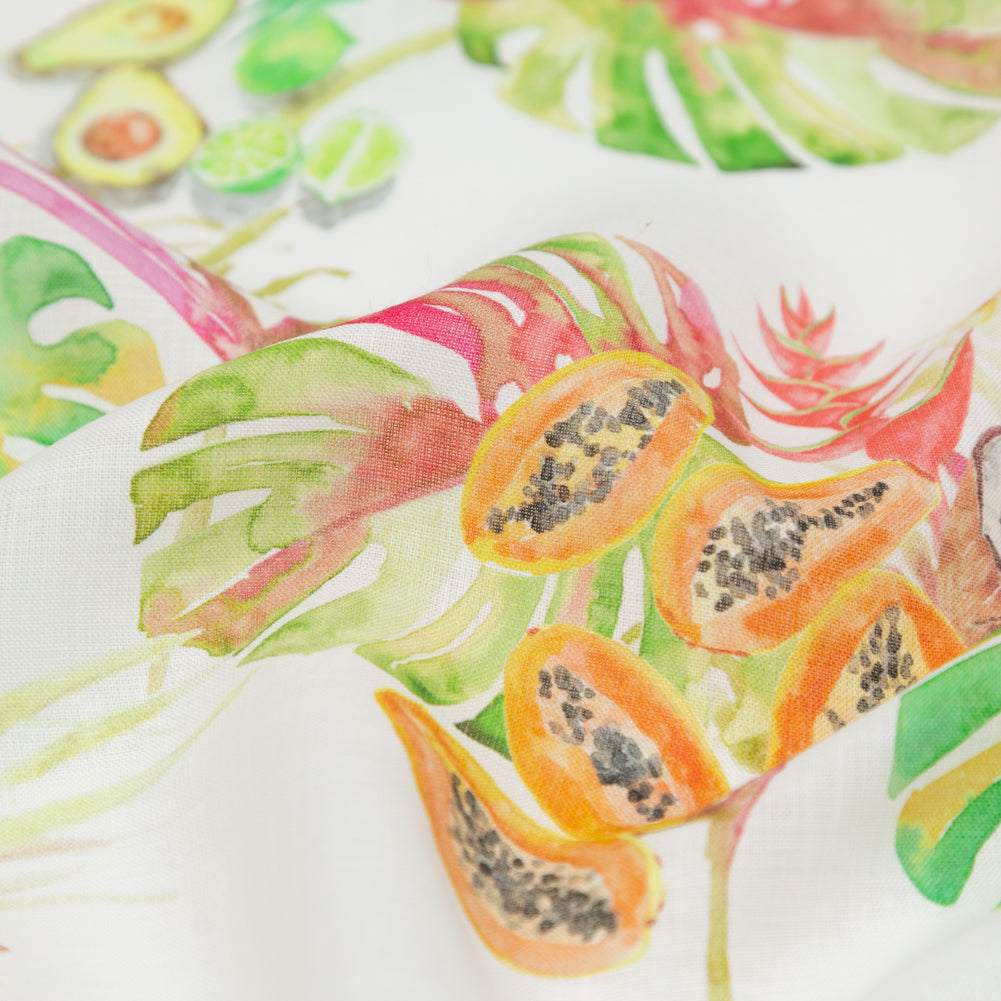 Avocado, Pineapples, Papaya and Coconuts Printed Ivory Linen Woven Detail