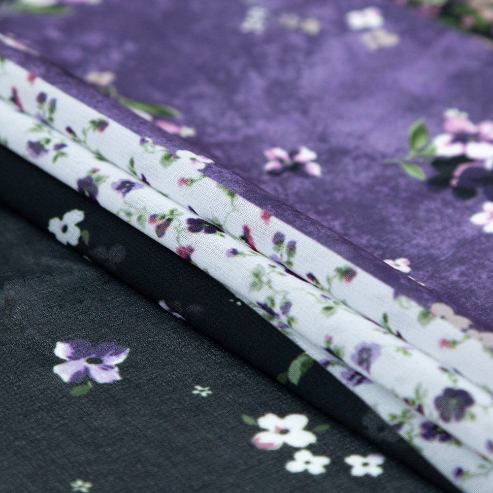 Italian Plum and Grass Green Striped Floral Polyester Chiffon Folded