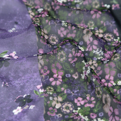 Italian Plum and Grass Green Striped Floral Polyester Chiffon Detail
