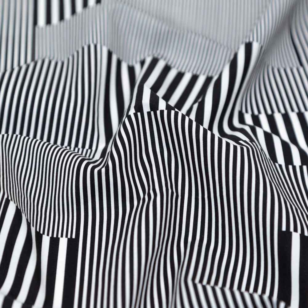 Italian Black and White Patchwork Stripes Printed Cotton Poplin Detail