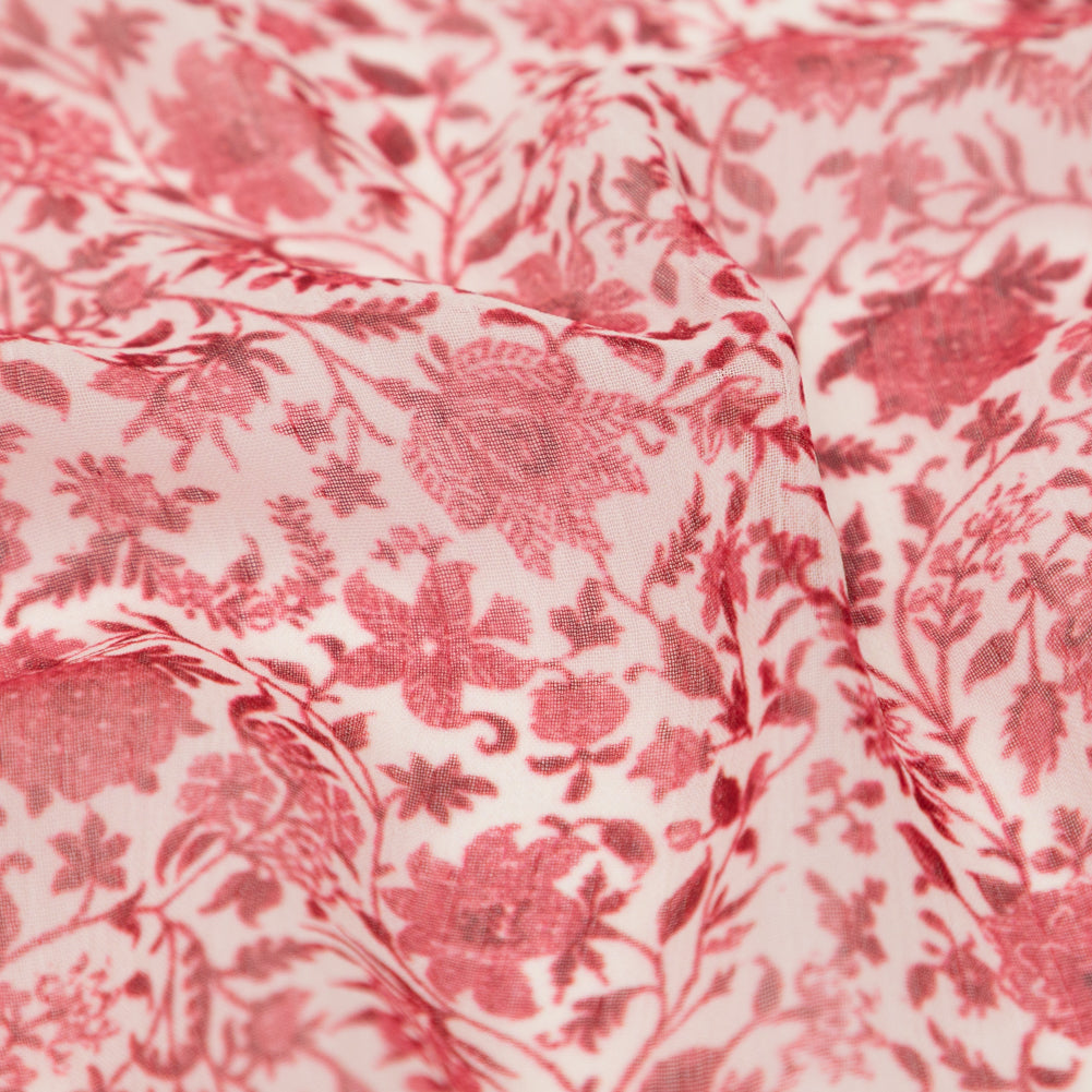 Italian Cranberry and Bright White Floral Crinkled Polyester Chiffon Detail