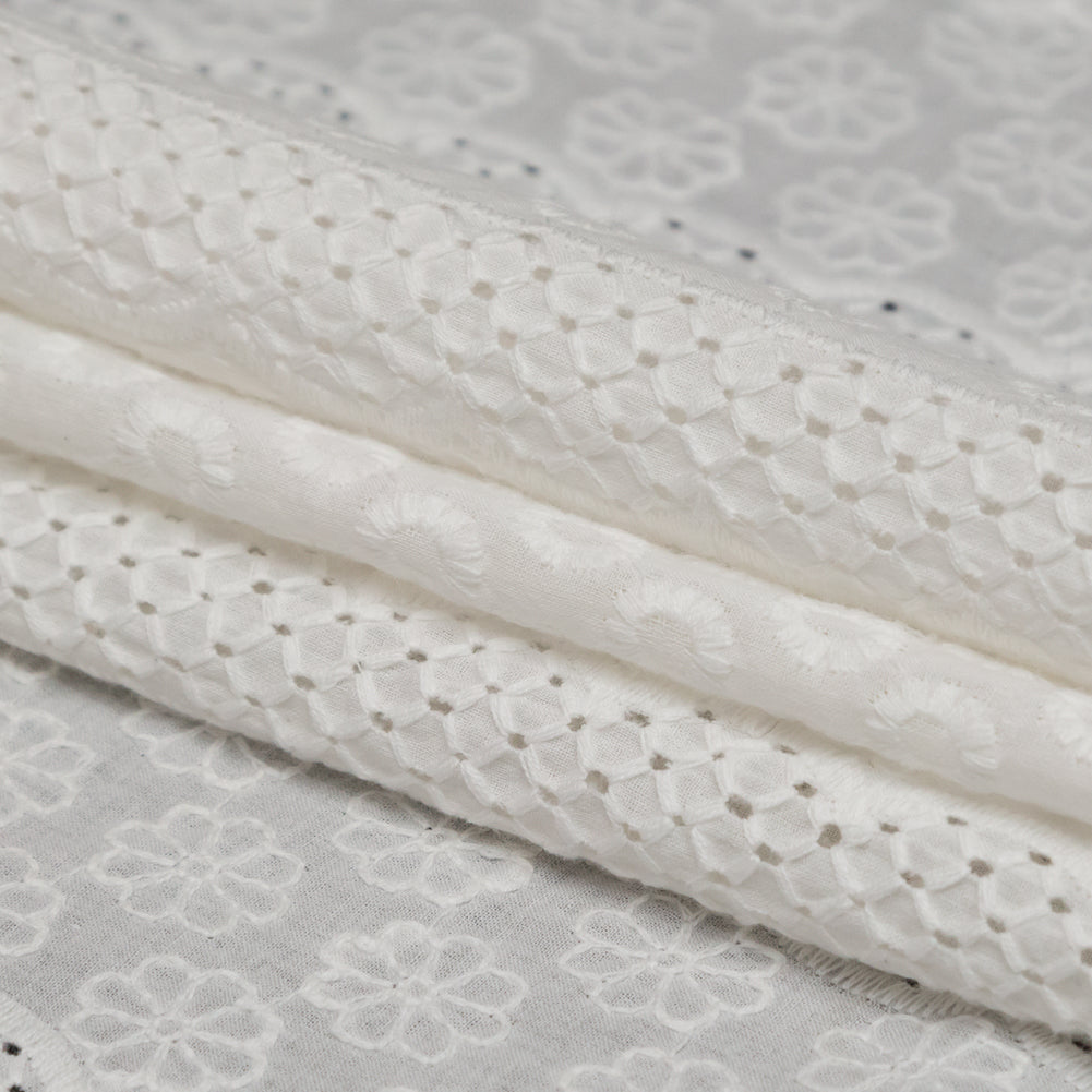 Off-White Floral Striped Embroidered Cotton Eyelet Folded