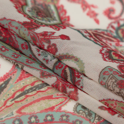 Italian Silver Green, Moon Mist and Vibrant Red Paisley Polyester Georgette Folded