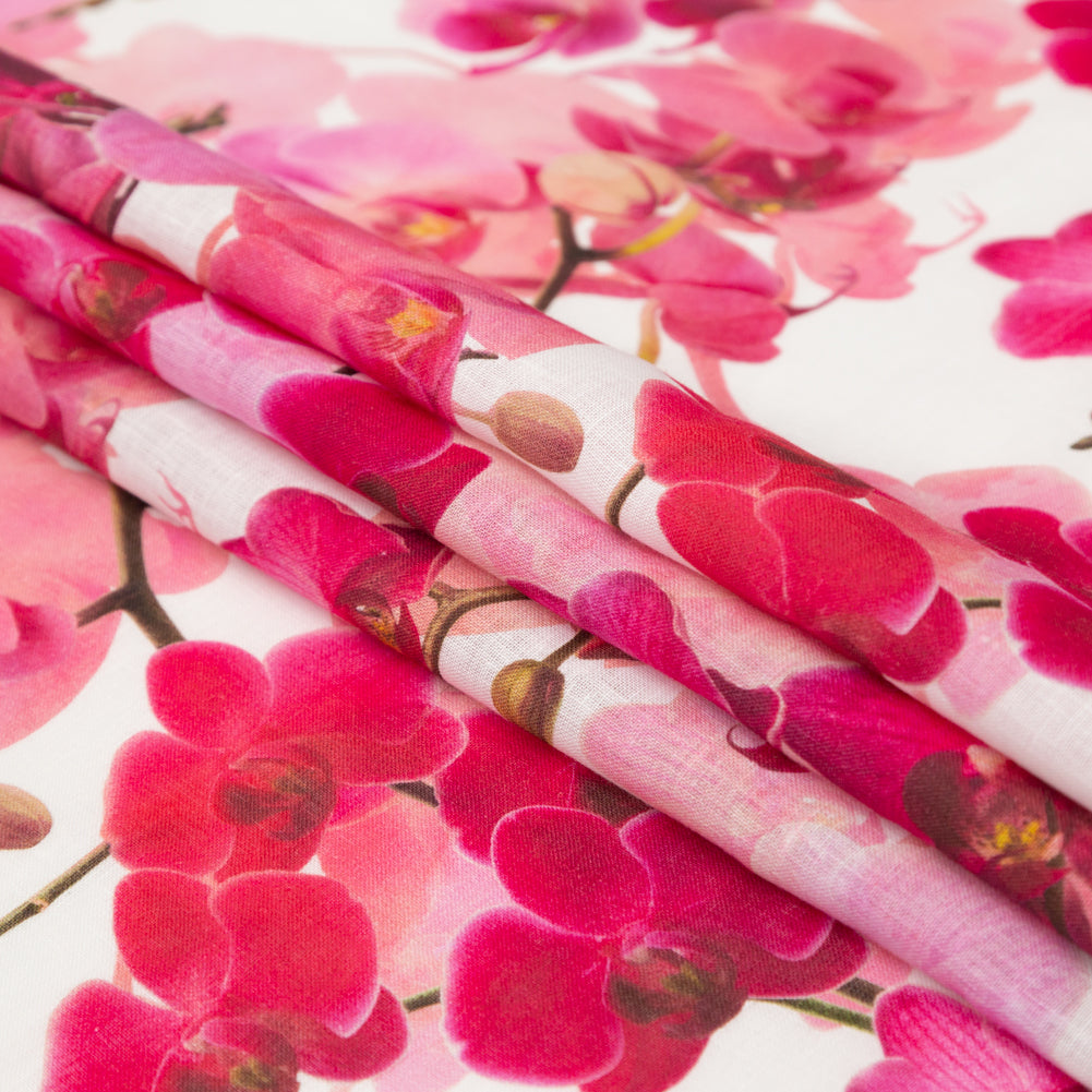 Tilted Pink Orchid and White Alyssum Printed Linen Woven Folded