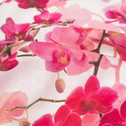 Tilted Pink Orchid and White Alyssum Printed Linen Woven Detail
