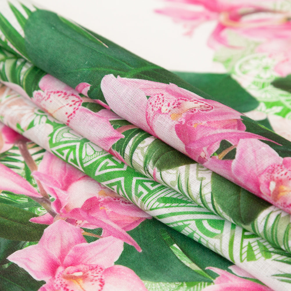 Pesto Palms and Pink Lilies Printed Linen Woven Folded