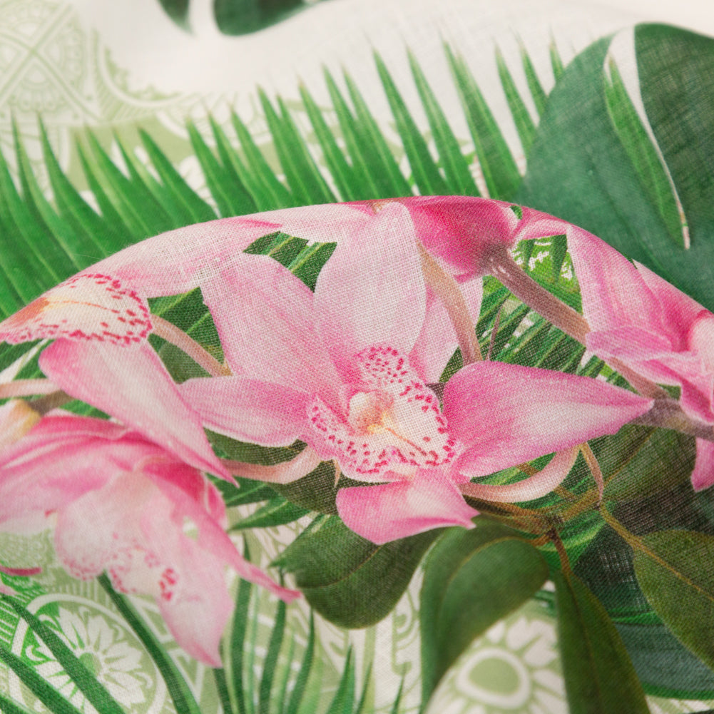 Pesto Palms and Pink Lilies Printed Linen Woven Detail