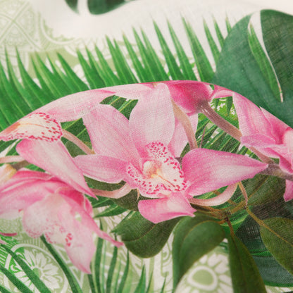Pesto Palms and Pink Lilies Printed Linen Woven Detail