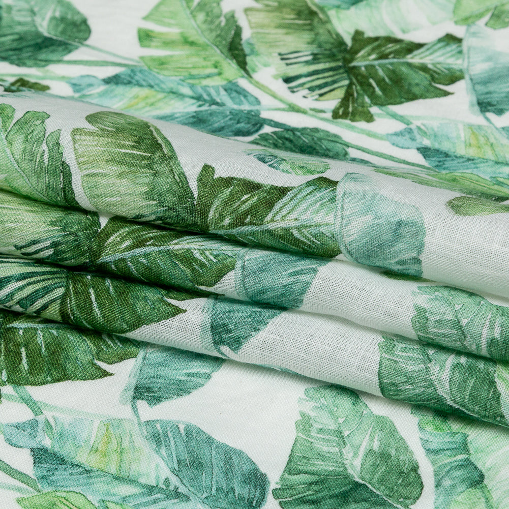 Green Banana and Palm Leaves Printed Ivory Linen Woven Folded