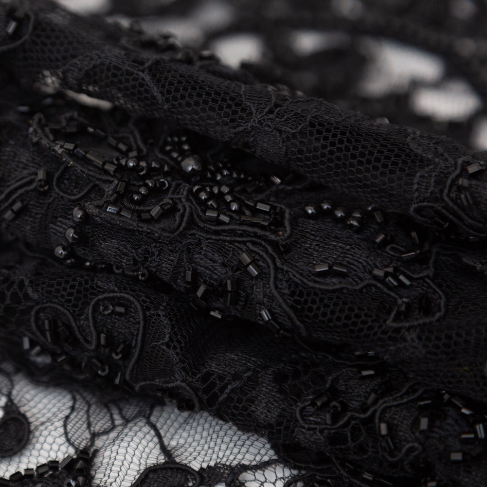 Black Narrow Beaded Floral Corded 3D Lace with Scalloped Eyelash Edges Folded