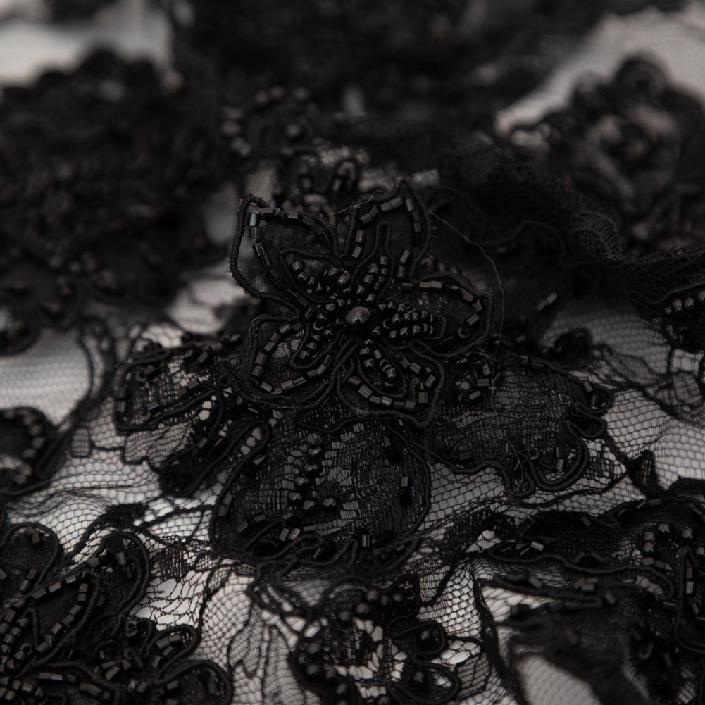 Black Narrow Beaded Floral Corded 3D Lace with Scalloped Eyelash Edges Detail