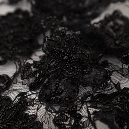 Black Narrow Beaded Floral Corded 3D Lace with Scalloped Eyelash Edges Detail