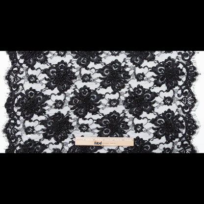 Black Narrow Beaded Floral Corded 3D Lace with Scalloped Eyelash Edges Full
