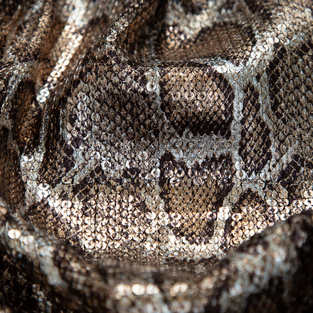 Sequined Stretch Knit with Metallic Bronze Snakeskin Foil Topcoat Detail