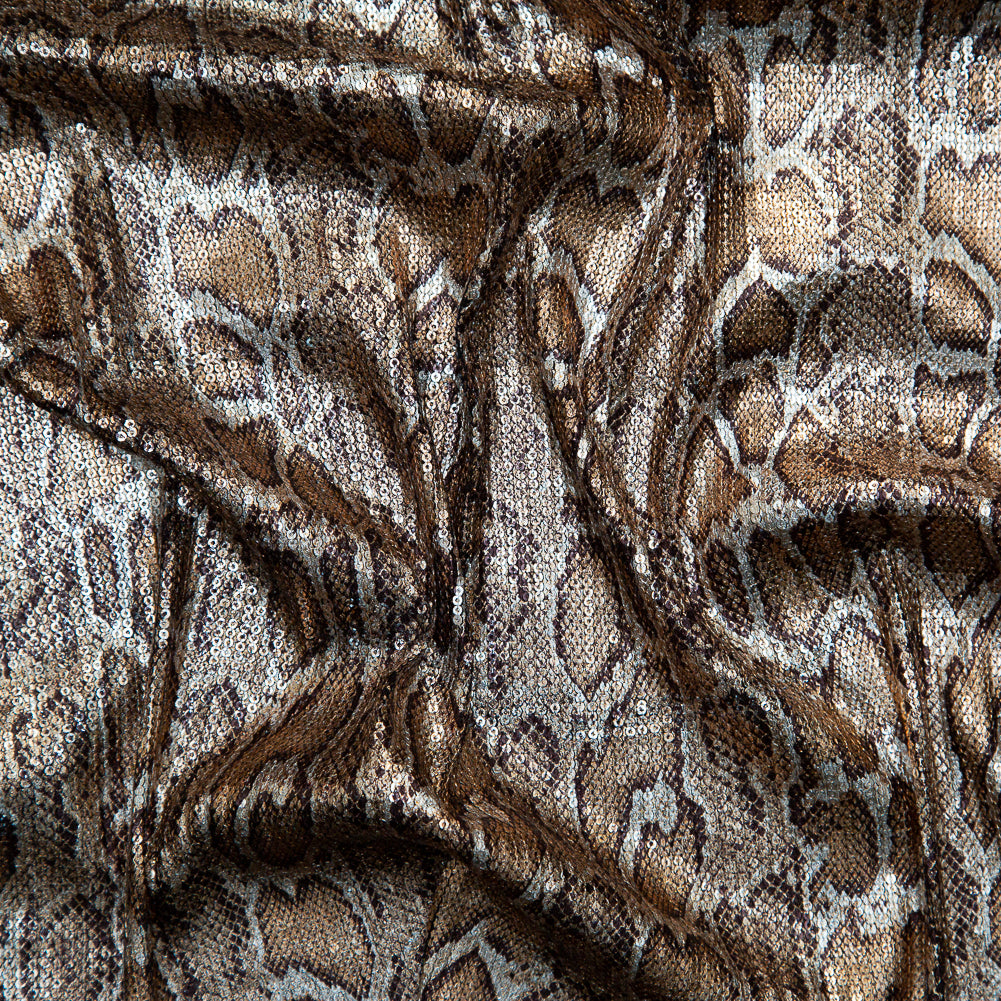 Sequined Stretch Knit with Metallic Bronze Snakeskin Foil Topcoat