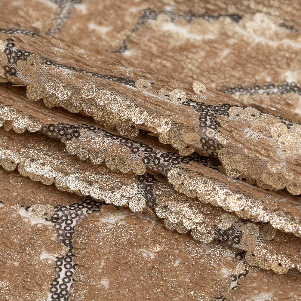 Mesh with Sequins - Metallic Gold Cracking Spots on Pale Beige Folded