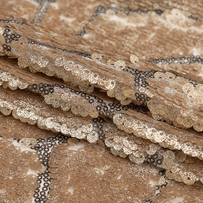 Mesh with Sequins - Metallic Gold Cracking Spots on Pale Beige Folded