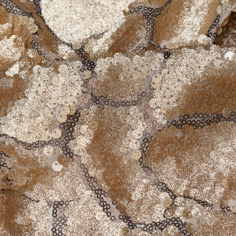 Mesh with Sequins - Metallic Gold Cracking Spots on Pale Beige Detail