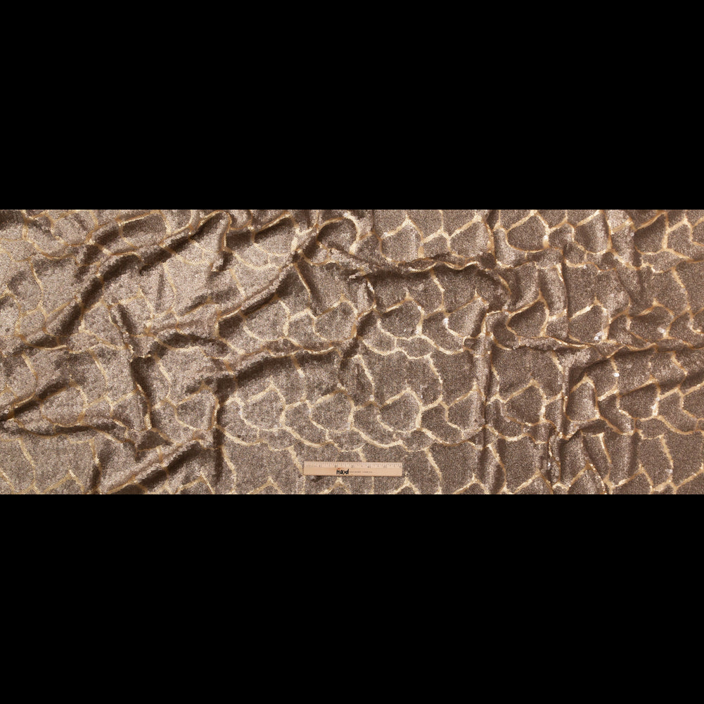 Mesh with Sequins - Metallic Bronze Cracking Spots on Dark Beige Full