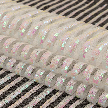 Netting with Baby Sequins - Flamingo Pink and Green Iridescent Stripes on White Folded