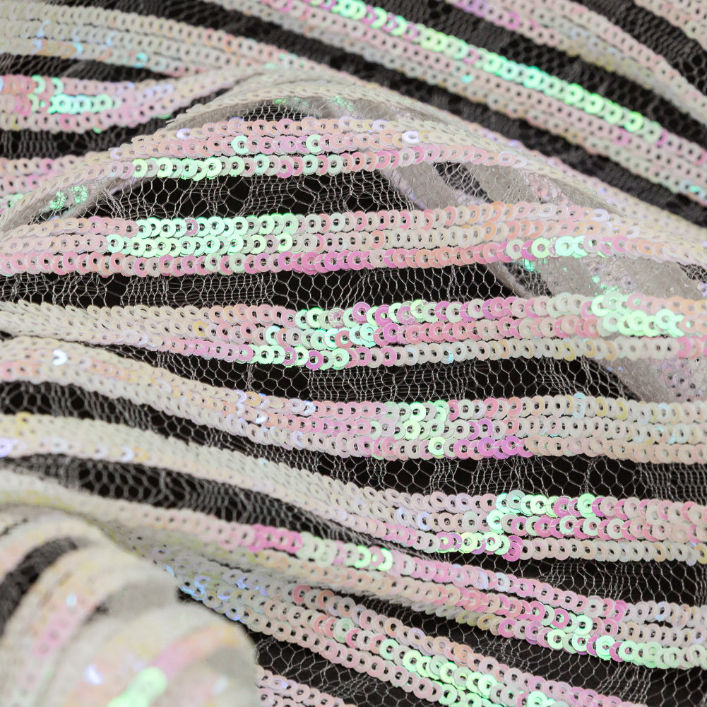 Netting with Baby Sequins - Flamingo Pink and Green Iridescent Stripes on White Detail
