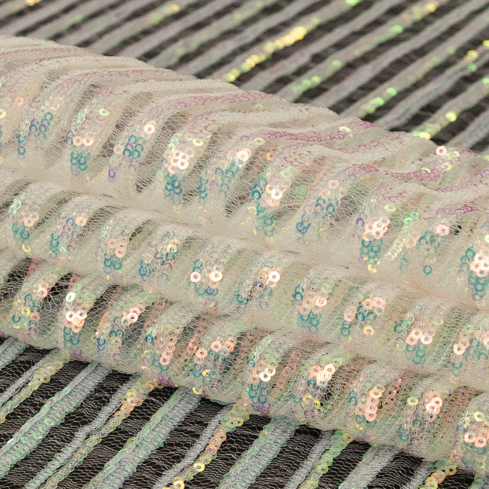 Netting with Baby Sequins - Aqua and Pink Iridescent Stripes on White Folded