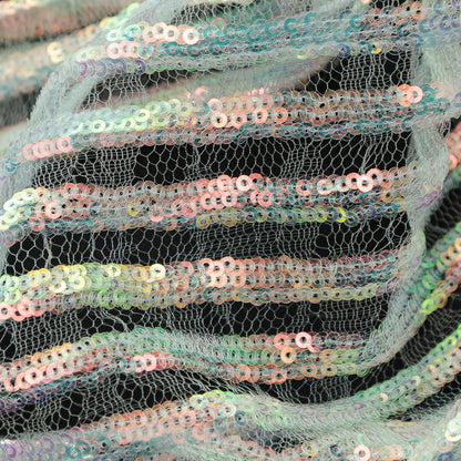 Netting with Baby Sequins - Aqua and Pink Iridescent Stripes on White Detail