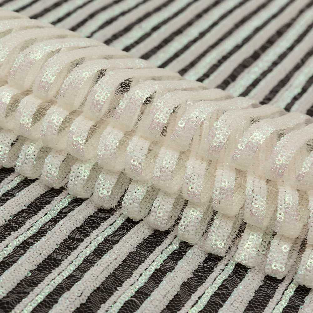 Netting with Baby Sequins - Glittery Green and Pink Iridescent Stripes on White Folded