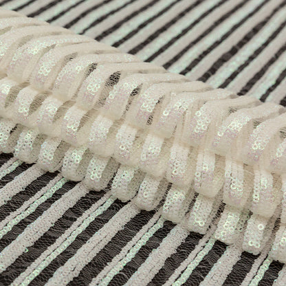 Netting with Baby Sequins - Glittery Green and Pink Iridescent Stripes on White Folded