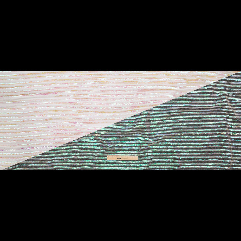 Netting with Baby Sequins - Green, Blue and Pink Iridescent Stripes on White Folded