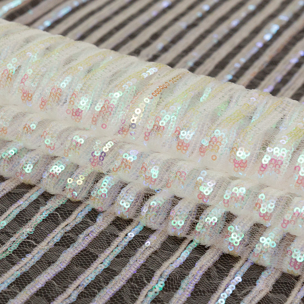 Netting with Baby Sequins - Green, Blue and Pink Iridescent Stripes on White Detail