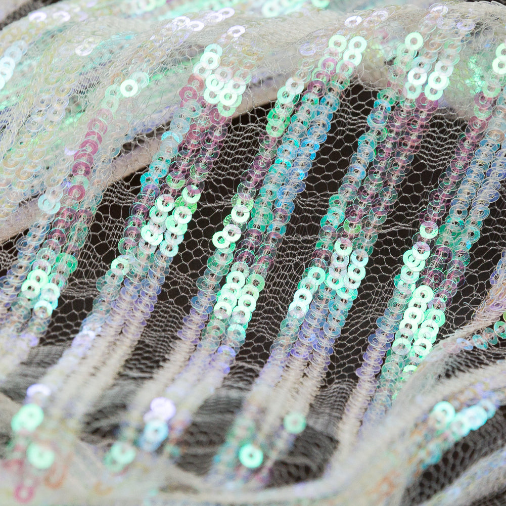 Netting with Baby Sequins - Green, Blue and Pink Iridescent Stripes on White Full