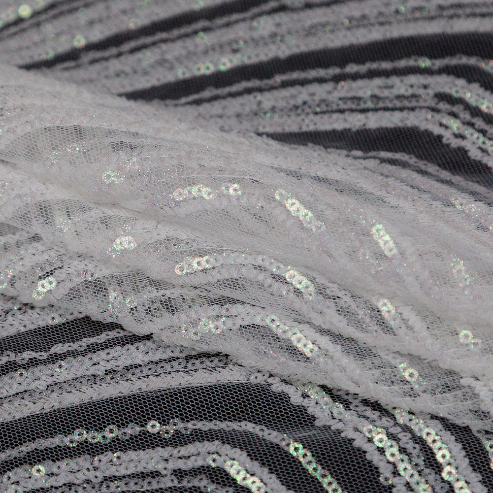 Glittery Green and Pink Iridescent Chevron Baby Sequins on White Tulle Detail