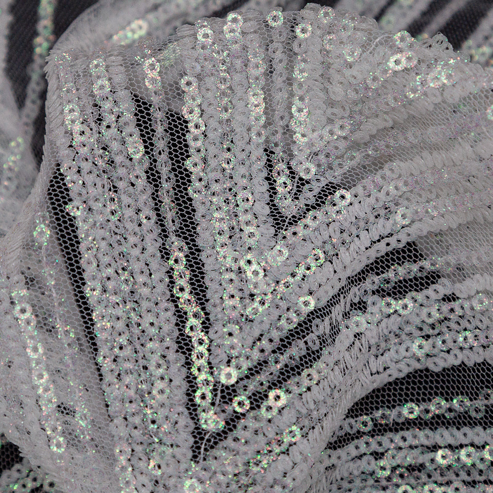 Glittery Green and Pink Iridescent Chevron Baby Sequins on White Tulle Full