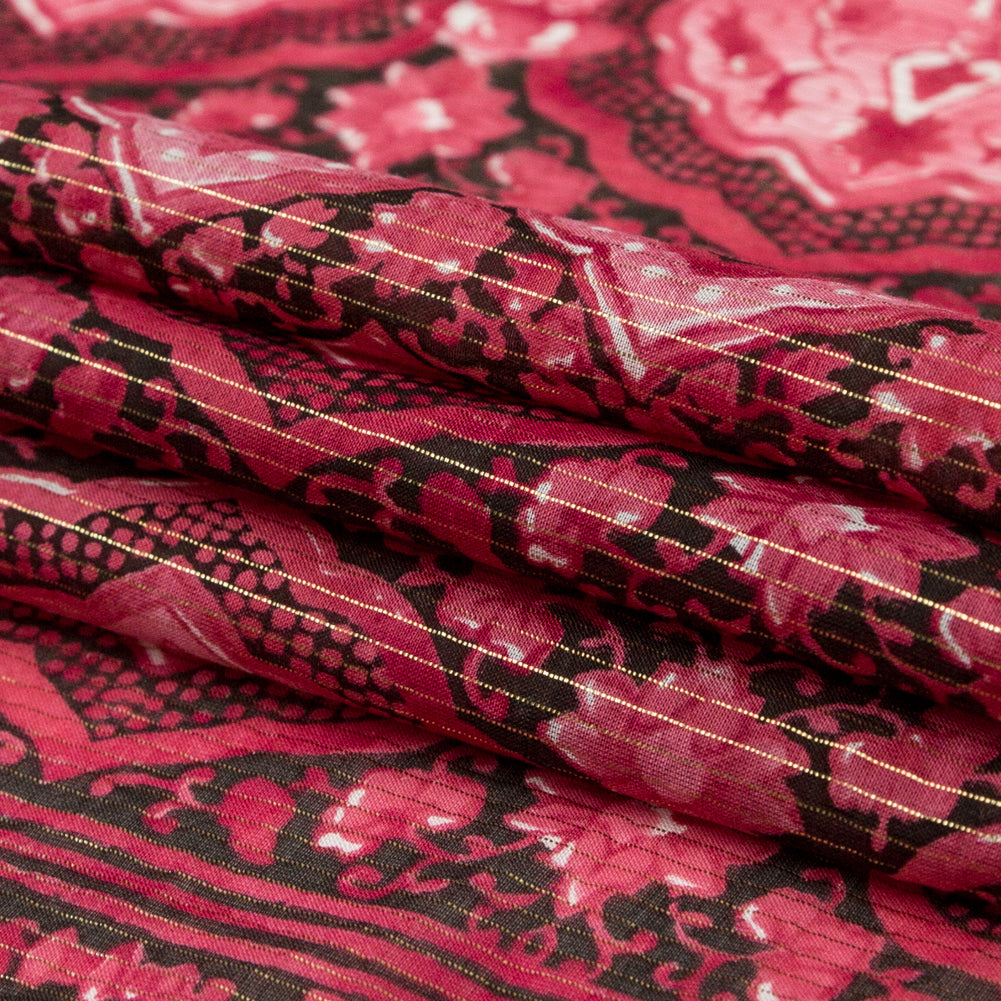 Cardinal Red Damask Cotton Voile with Metallic Gold Stripes Folded