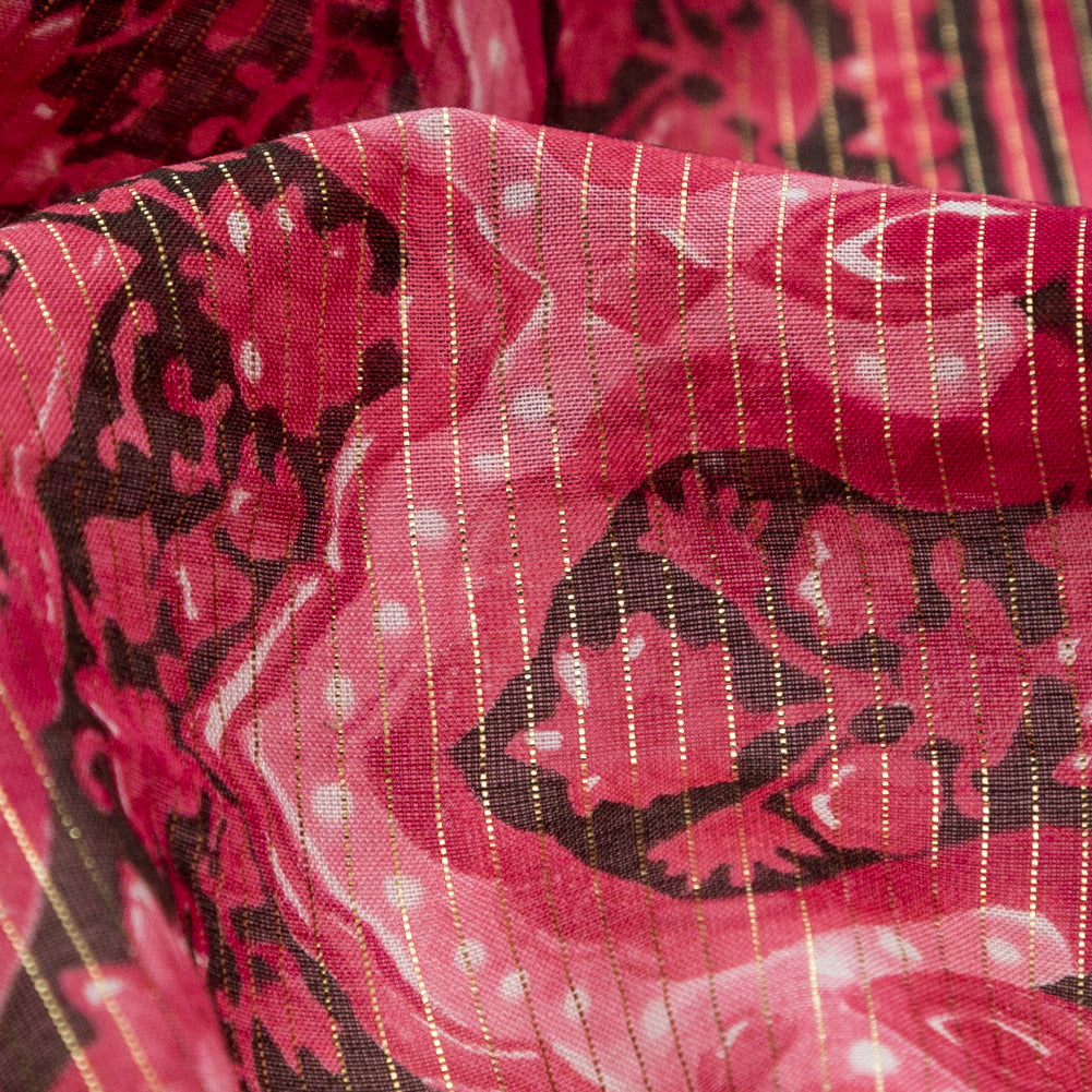 Cardinal Red Damask Cotton Voile with Metallic Gold Stripes Detail