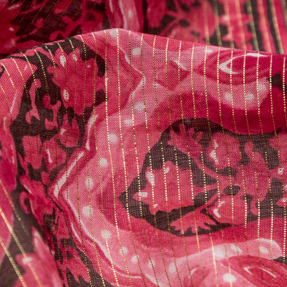 Cardinal Red Damask Cotton Voile with Metallic Gold Stripes Detail