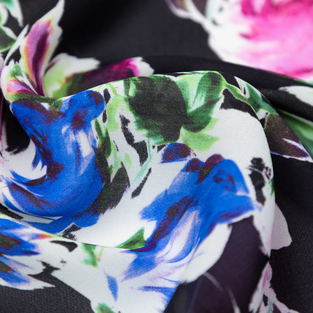 Milly Italian Black, Ibis Rose and Princess Blue Floral Silk Georgette Detail