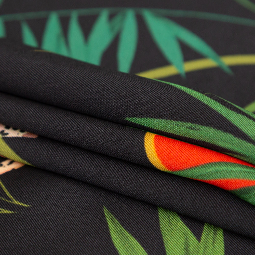 Milly Black and Green Tropical Leaves and Leopards Polyester Twill Folded