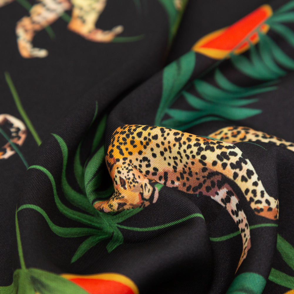 Milly Black and Green Tropical Leaves and Leopards Polyester Twill Detail