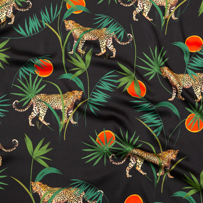 Milly Black and Green Tropical Leaves and Leopards Polyester Twill