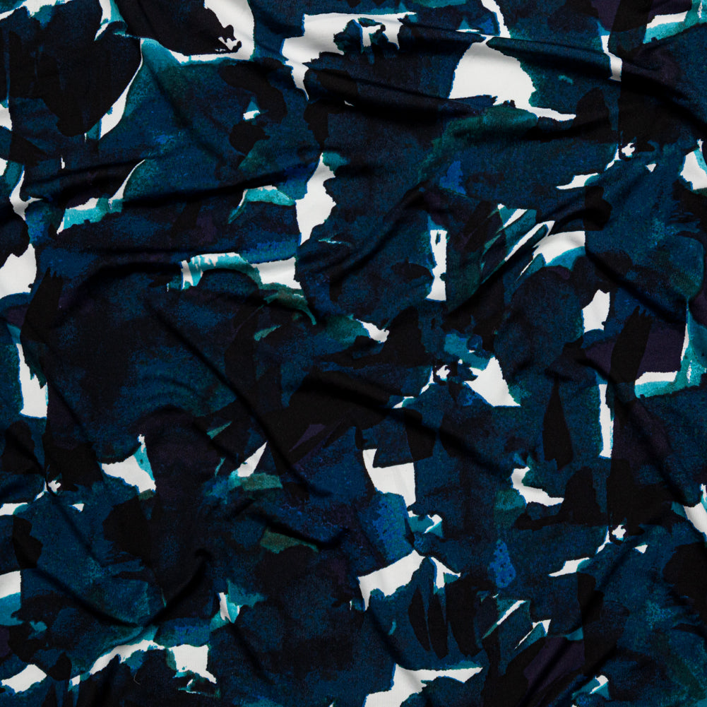 Shaded Spruce, Baleine Blue and White Abstract Printed Polyester Jersey