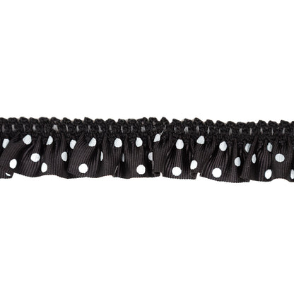 European Black and White Polka Dot Ruffled Stretch Grosgrain .875" Detail